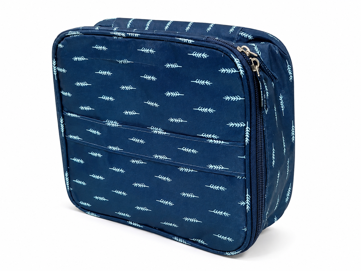 Organizador de viaje multifuncional con doble compartimento y cierre de cremallera, color azul con estampado.