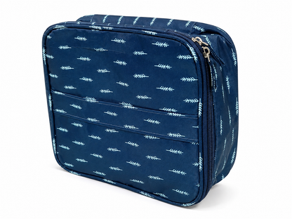 Organizador de viaje multifuncional con doble compartimento y cierre de cremallera, color azul con estampado.