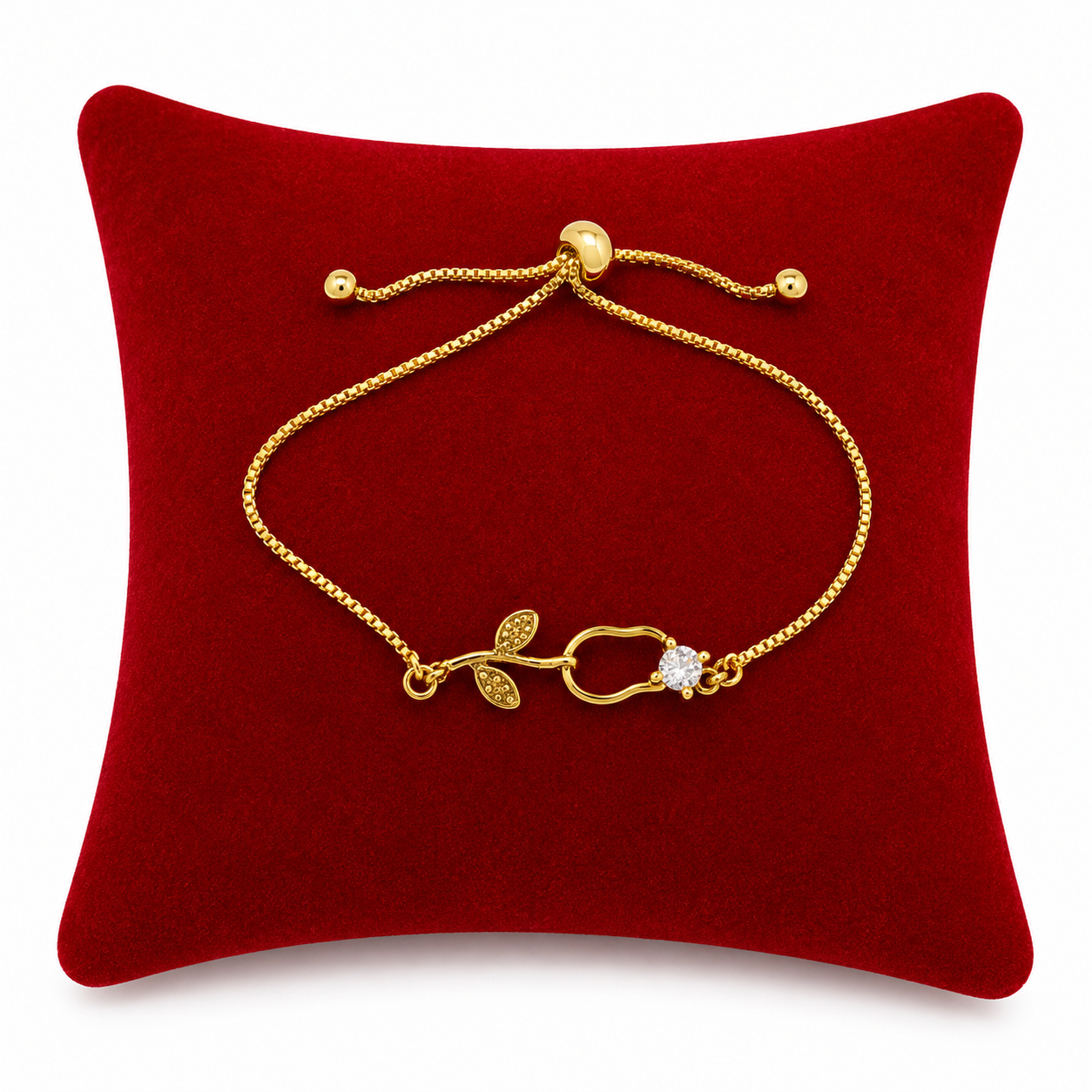 Pulsera Ajustable con Detalle de Hoja y Cristal Brillante en Color Dorado.
