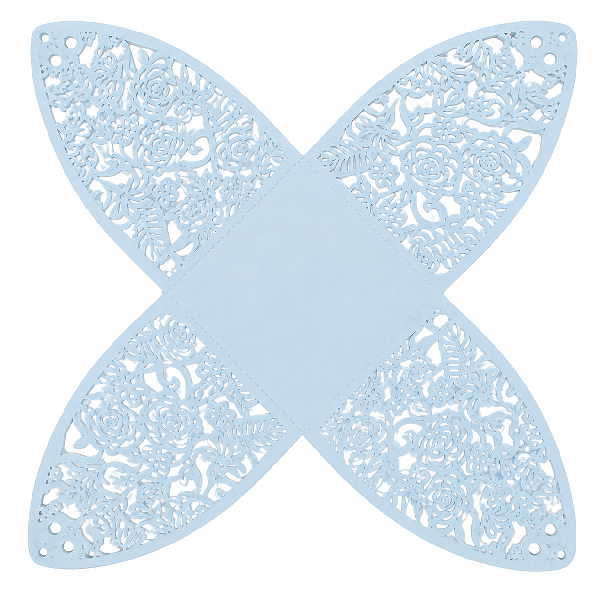 Caja plegable decorativa azul con diseño floral calado.