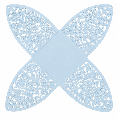 Caja plegable decorativa azul con diseño floral calado.