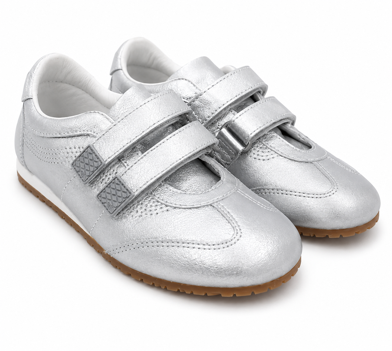 Zapatos Infantiles Plateados con Doble Cierre de Velcro y Suela Antideslizante, Talla 8.0.