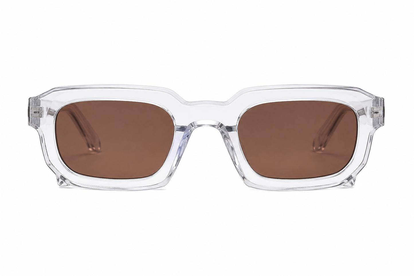 Gafas de sol rectangulares transparentes con lentes color café.