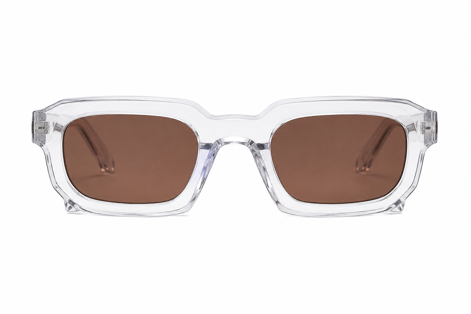 Gafas de sol rectangulares transparentes con lentes color café.