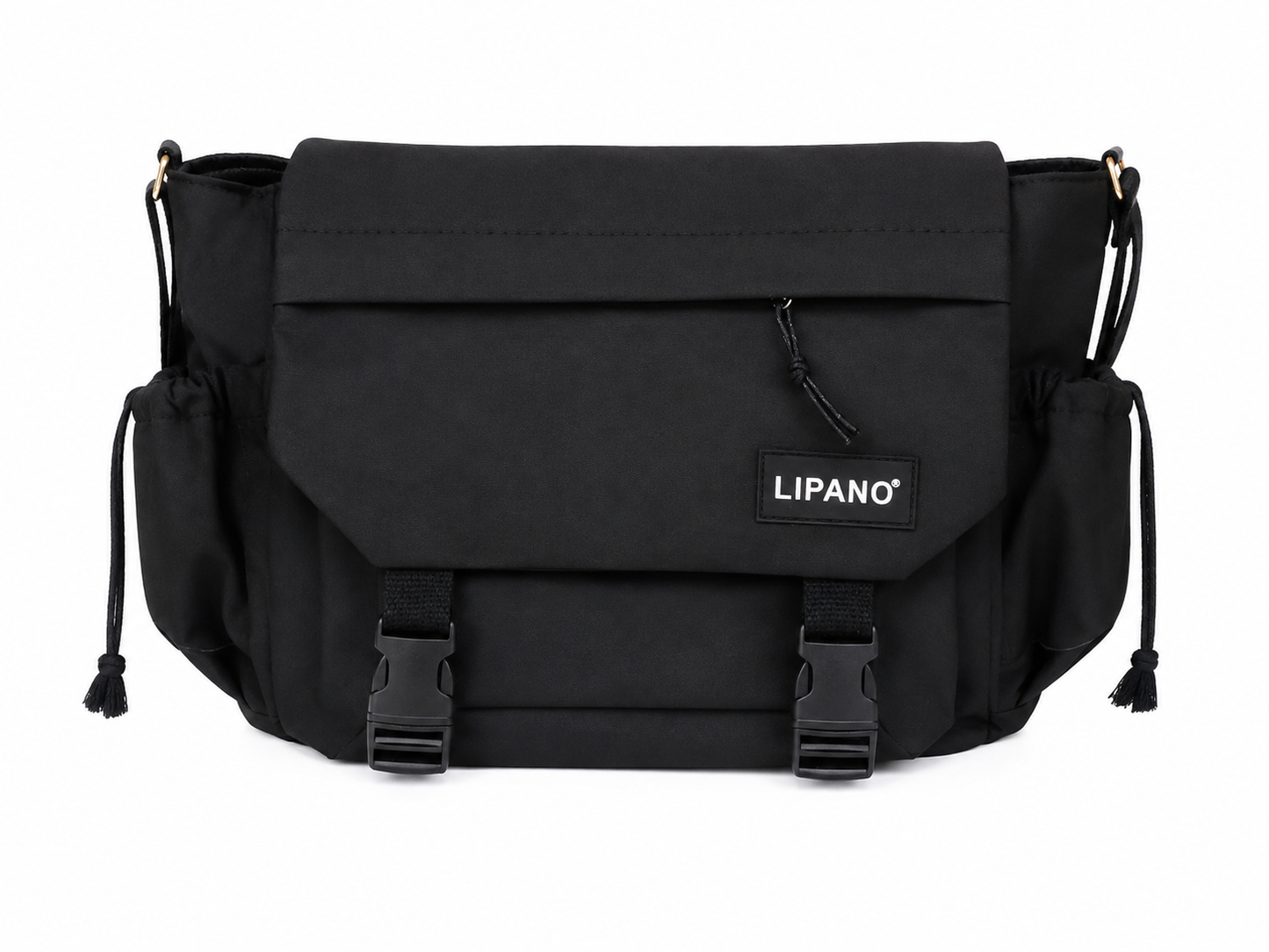 Bolso mensajero negro con solapa, hebillas y bolsillos laterales.