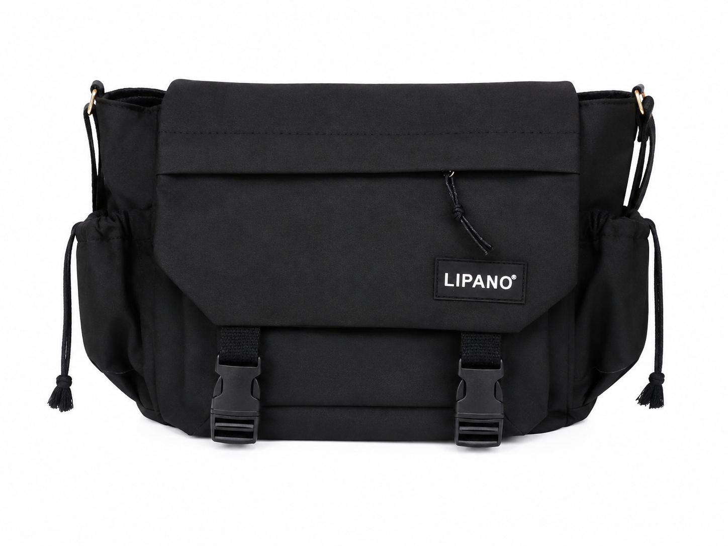 Bolso mensajero negro con solapa, hebillas y bolsillos laterales.
