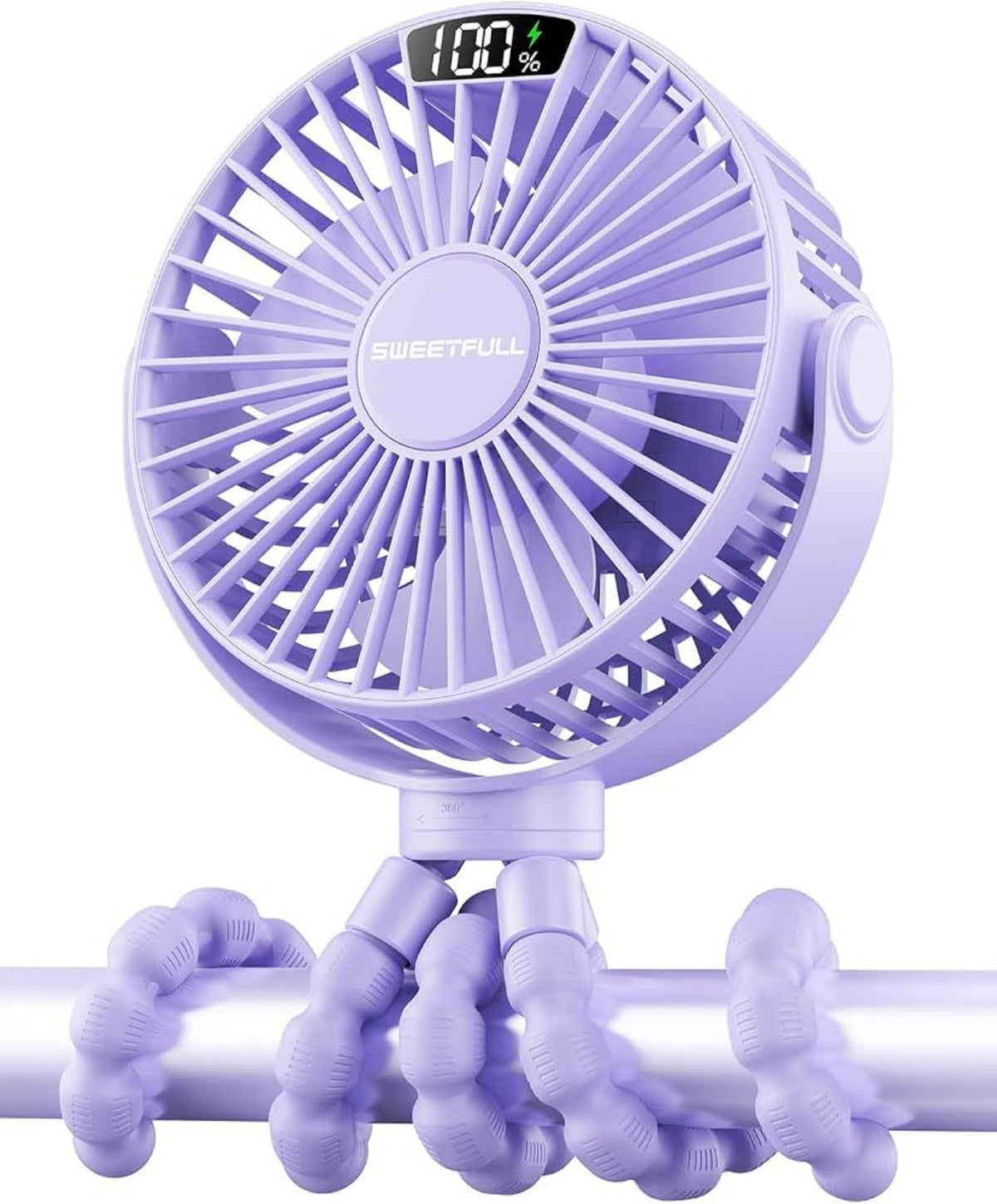 Ventilador portátil recargable morado con trípode flexible y pantalla digital.