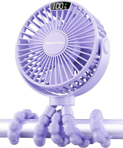 Ventilador portátil recargable morado con trípode flexible y pantalla digital.