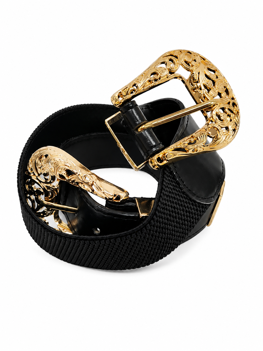 Cinturón elástico negro con hebilla decorativa dorada de diseño clásico.