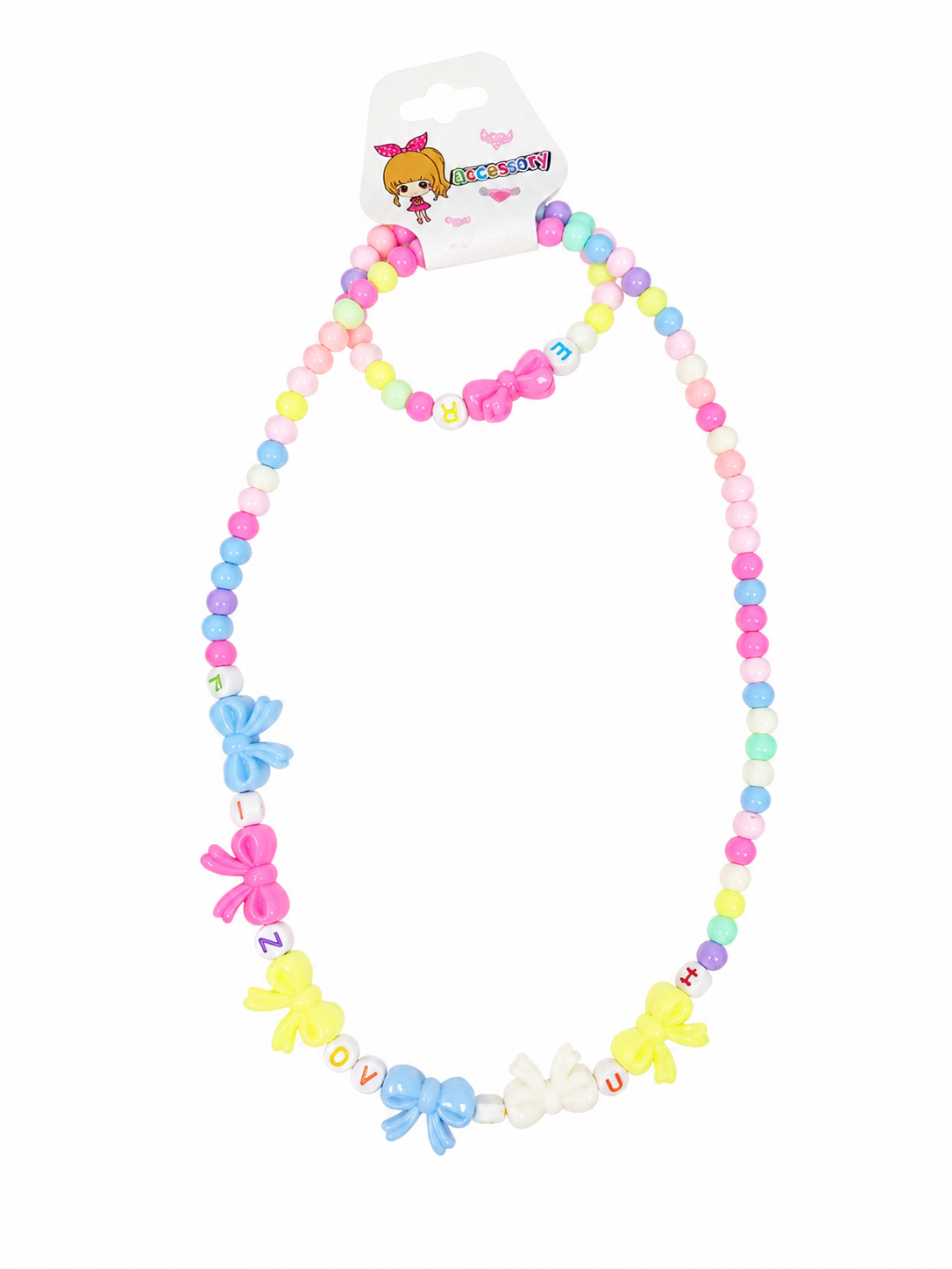 Juego de Collar y Pulsera Infantil de Cuentas Multicolor con Lazos Decorativos.
