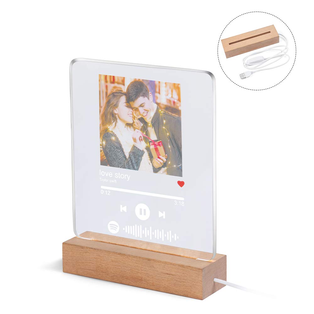 Placa de música acrílica personalizada con una foto y código escaneable, Acrílico transparente de alta calidad con una base de madera.