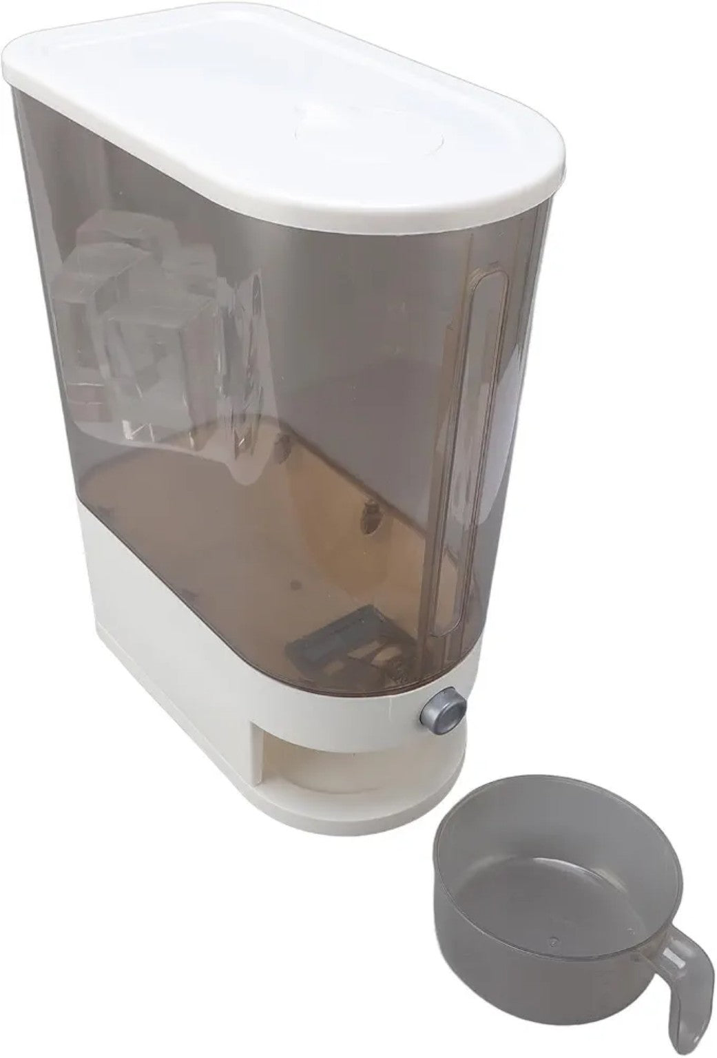 Dispensador de arroz de 25 lb con depósito transparente y taza medidora.