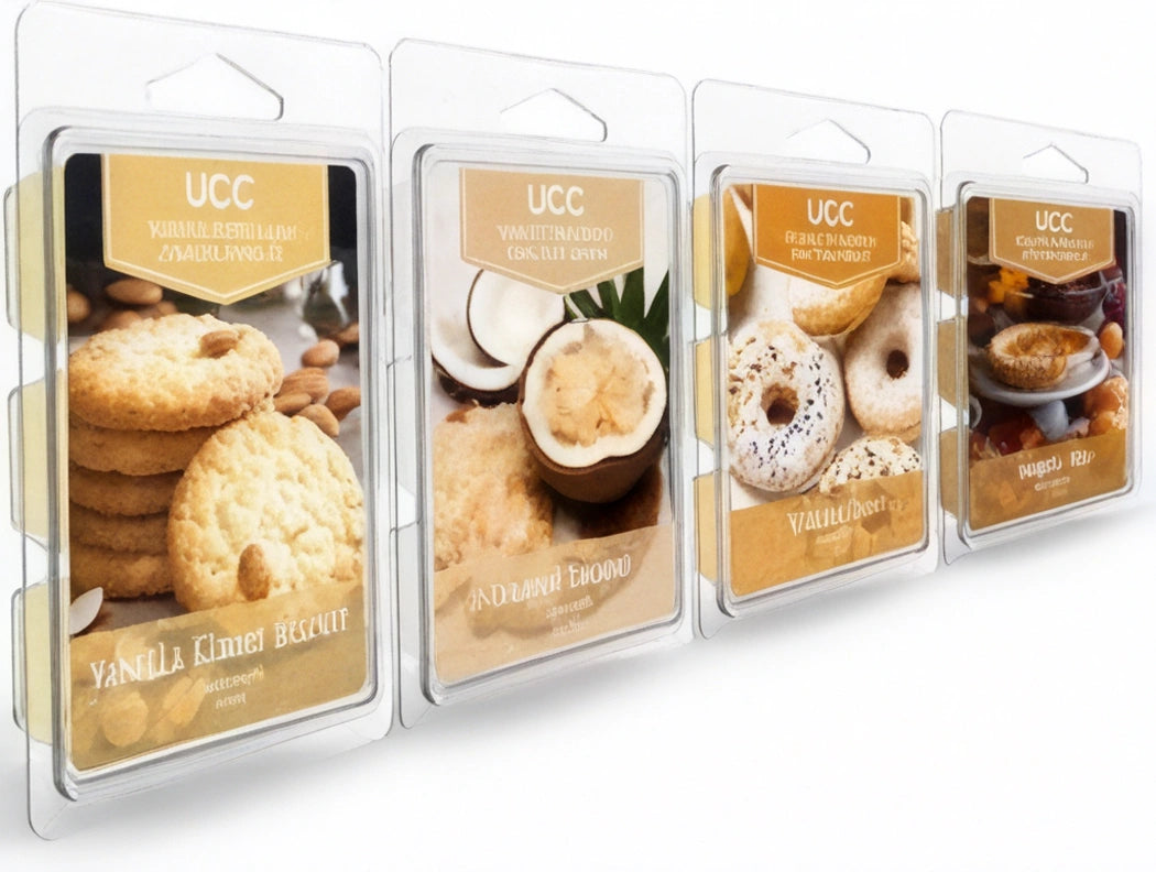 Pack de 4 cubos de cera perfumada de soja, que incluye aromas como galleta de almendra y vainilla, coco tostado, dona glaseada y pay de calabaza.