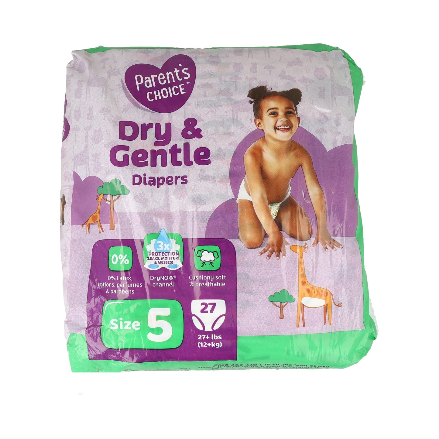 Pañales Parents Choice Dry & Gentle Talla 5, 27 unidades, 12 kg o más, 0% lociones y fragancias.