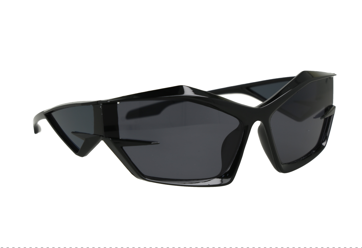 Lentes de sol color negro con armazón estilo visor.