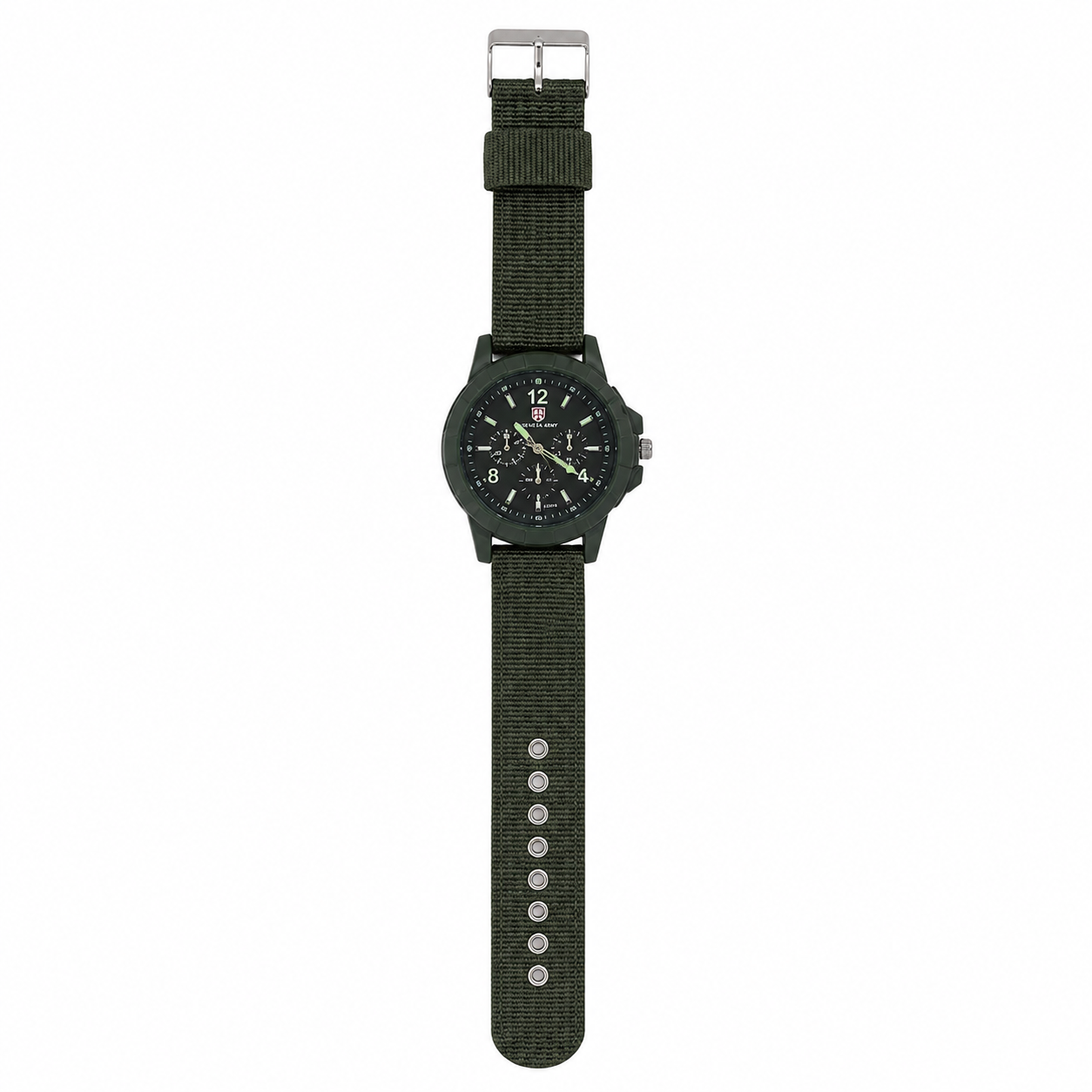 Reloj de pulsera verde militar con correa ajustable y esfera multifunción.