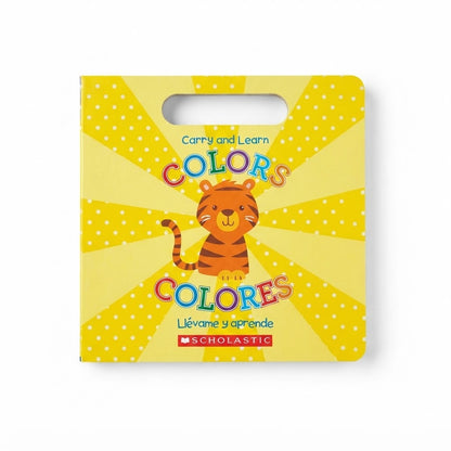 Llibro de cartón Carry and Learn Colors publicado por Scholastic, diseñado para niños pequeños.