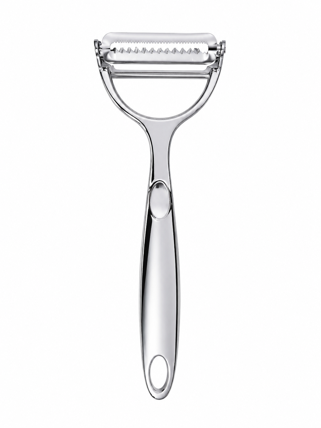 Pelador de verduras y frutas de acero inoxidable con hoja dentada ergonómica.