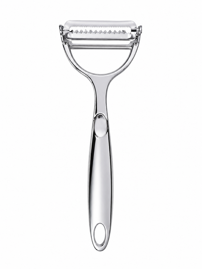 Pelador de verduras y frutas de acero inoxidable con hoja dentada ergonómica.