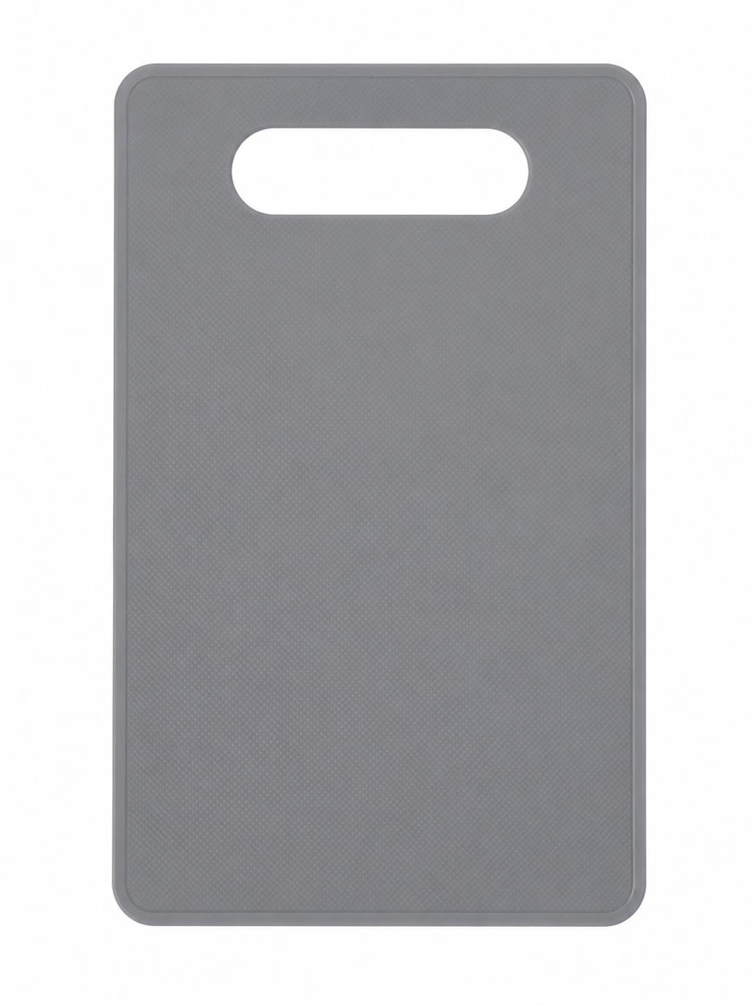 Tabla de cortar rectangular antideslizante color gris con asa integrada.