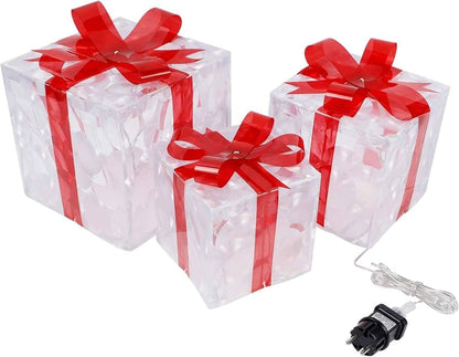 Juego de cajas de regalo iluminadas con lazos rojos para decoración navideña, 3 piezas.