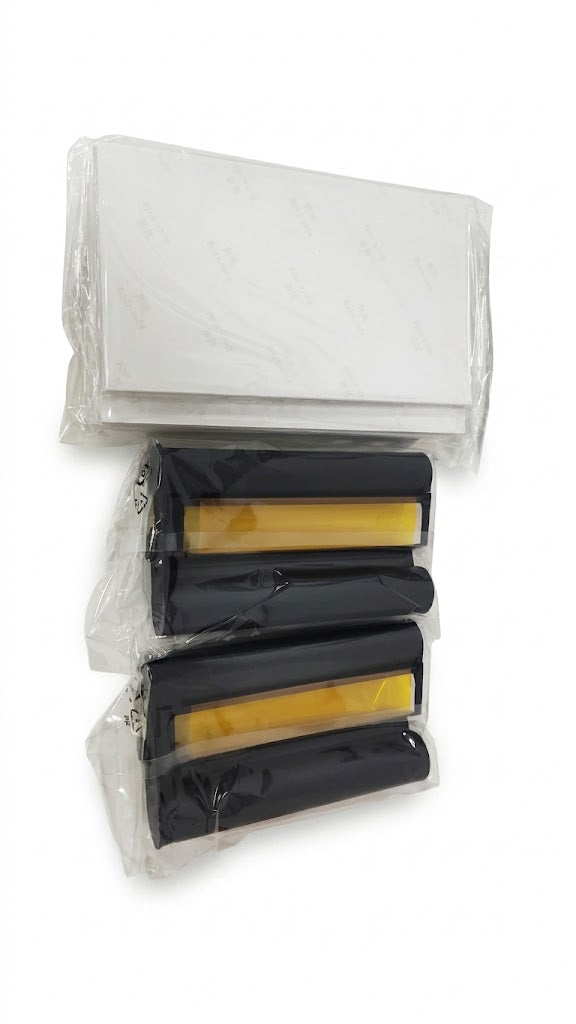 Paquete que incluye 80 hojas de papel fotográfico de 4x6 pulgadas y 2 cartuchos de tinta.