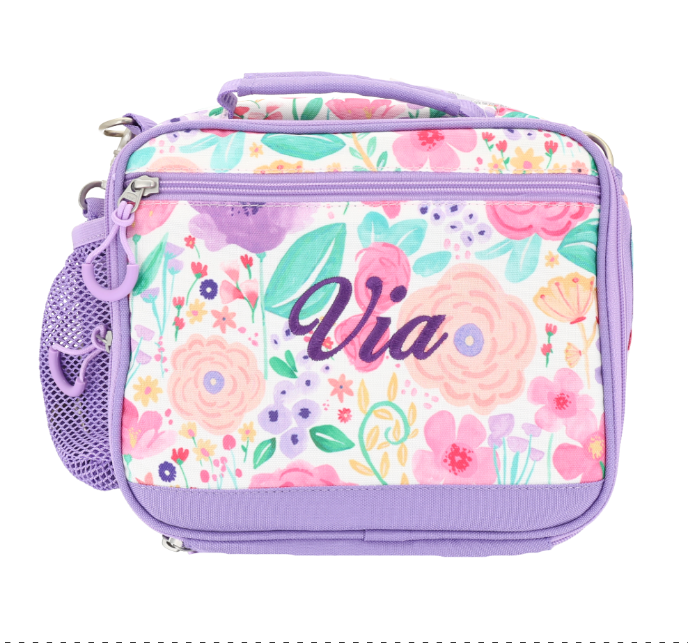 Lonchera térmica con estampado de flores moradas.