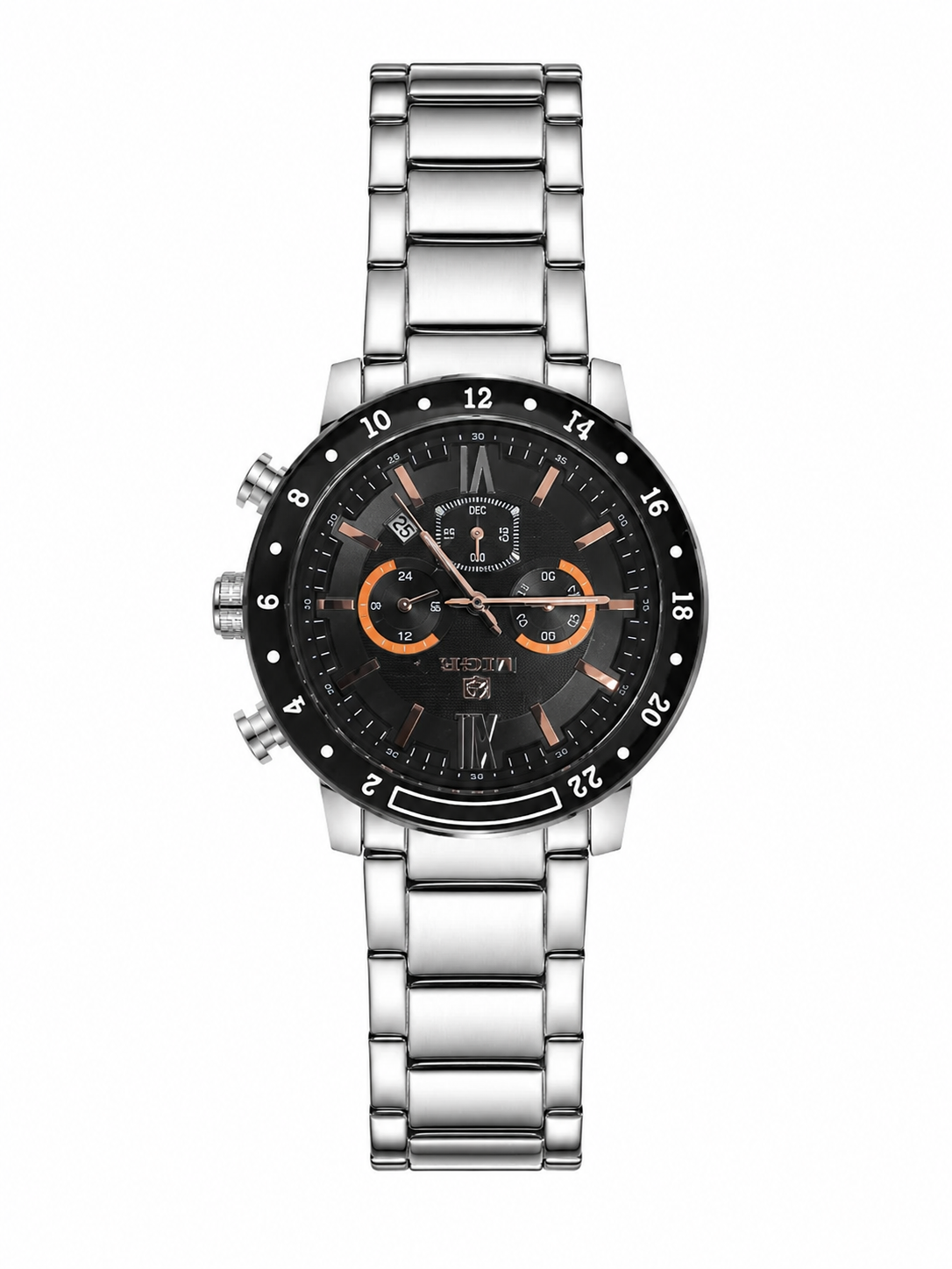 Reloj analógico de pulsera con correa metálica plateada y esfera negra.