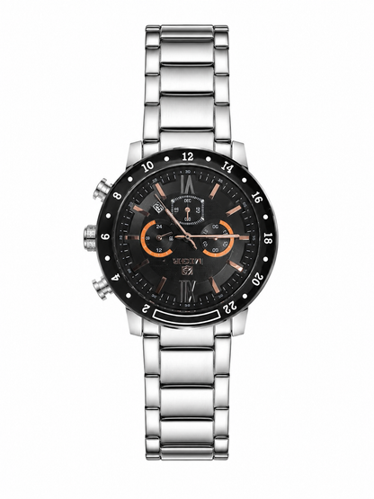 Reloj analógico de pulsera con correa metálica plateada y esfera negra.