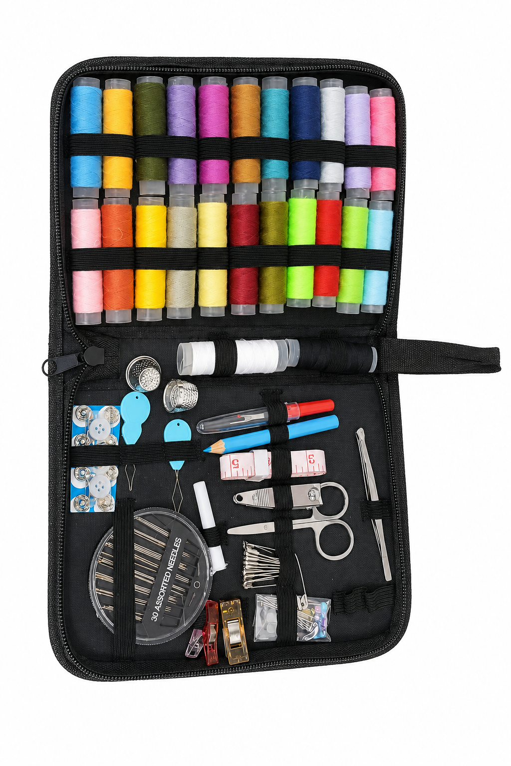 Kit de costura portátil con hilos multicolor y accesorios.