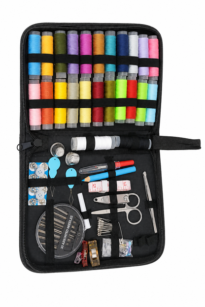 Kit de costura portátil con hilos multicolor y accesorios.