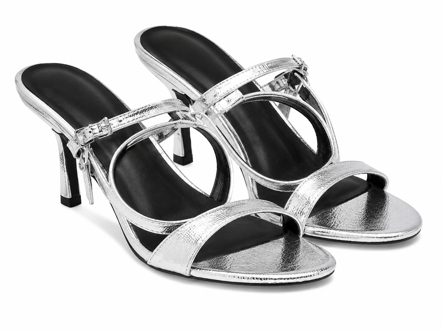 Sandalias de tacón abierto con tiras metálicas plateadas para mujer, talla 38.