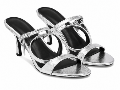 Sandalias de tacón abierto con tiras metálicas plateadas para mujer, talla 38.