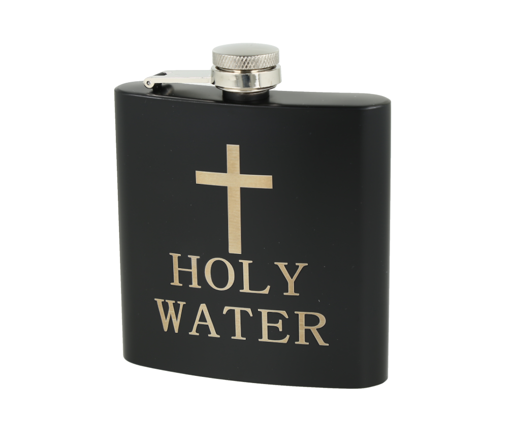 Petaca de acero inoxidable con acabado negro mate, grabada con "HOLY WATER"