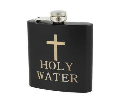 Petaca de acero inoxidable con acabado negro mate, grabada con "HOLY WATER"