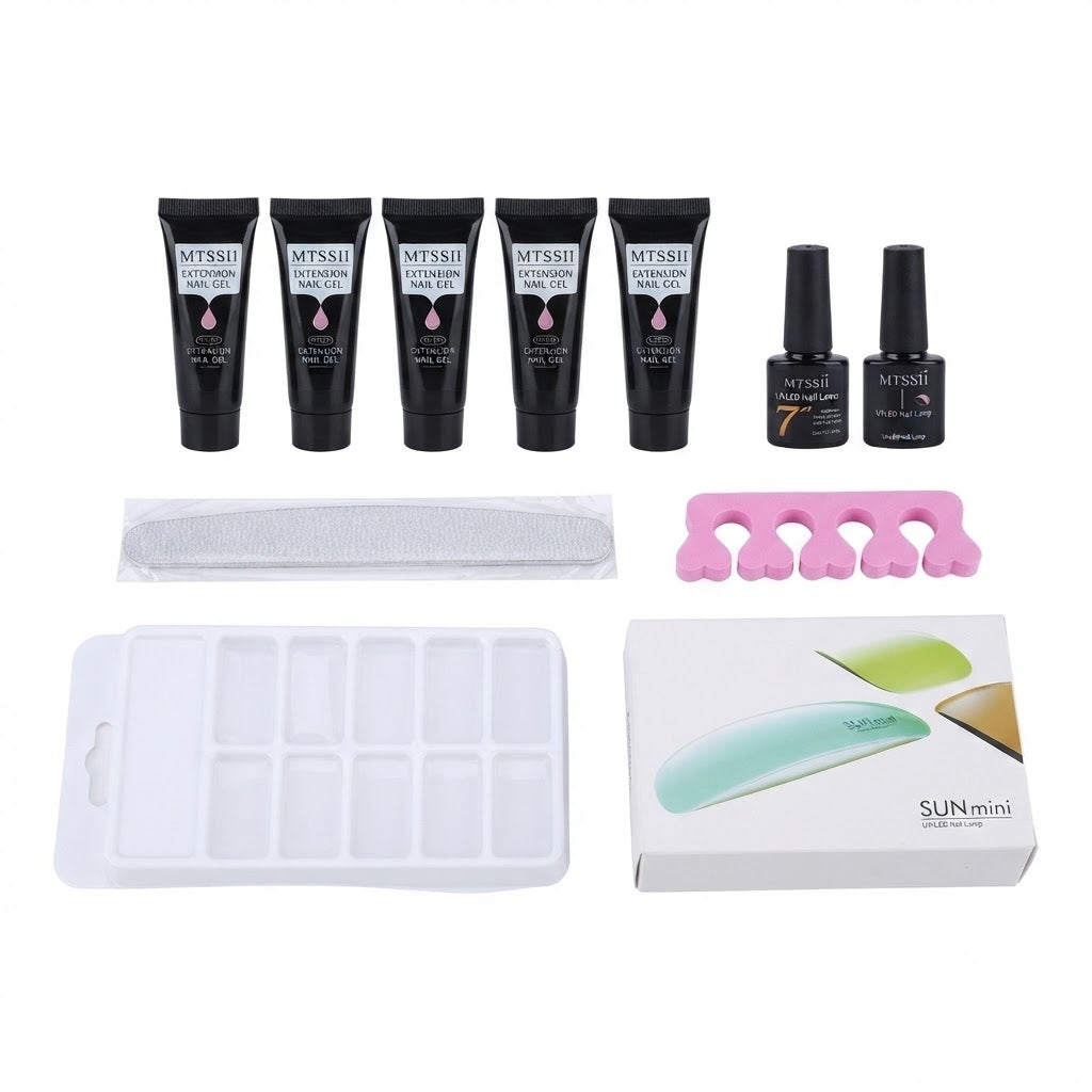 Kit de extensión de uñas de poligel que incluye una lámpara LED SUNmini, varios tubos de gel y herramientas.