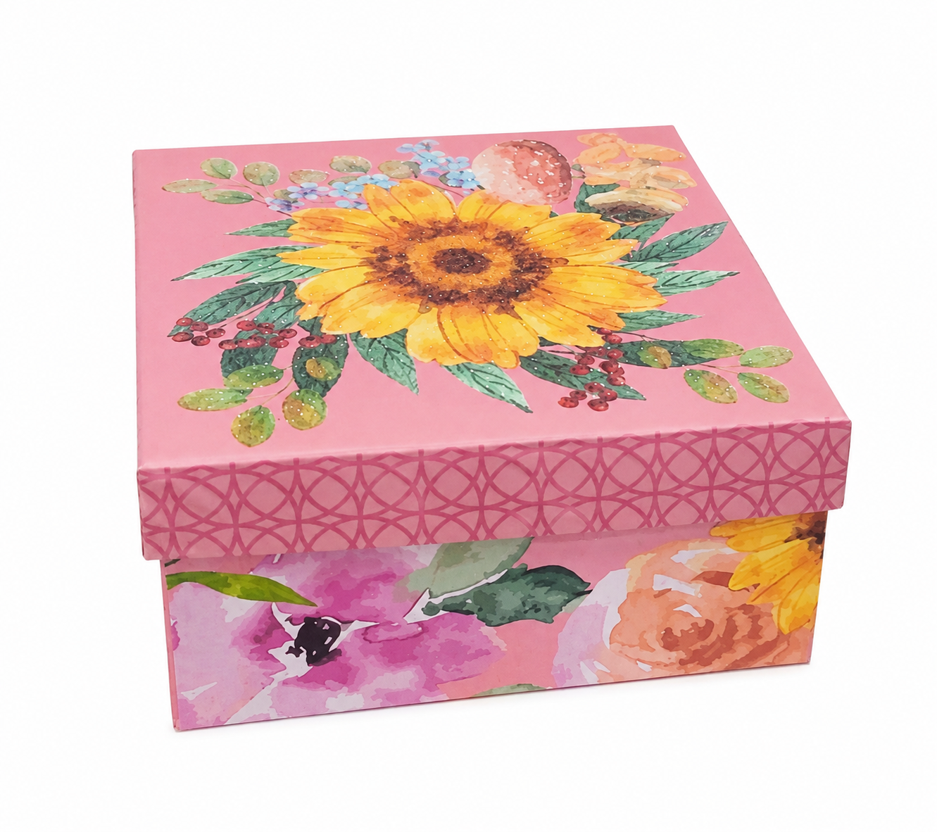 Caja decorativa rosa con diseño floral de girasol y tapa removible.