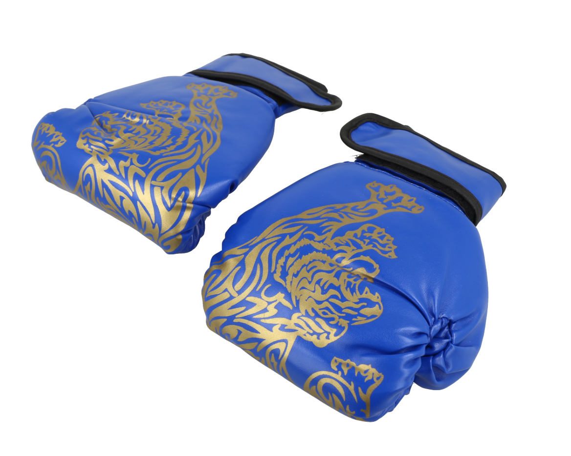 Guantes de boxeo azules para niños con estampado de tigre dorado.