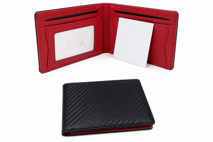 Billetera Bifold Negra con Interior Rojo y Ventana para Identificación.