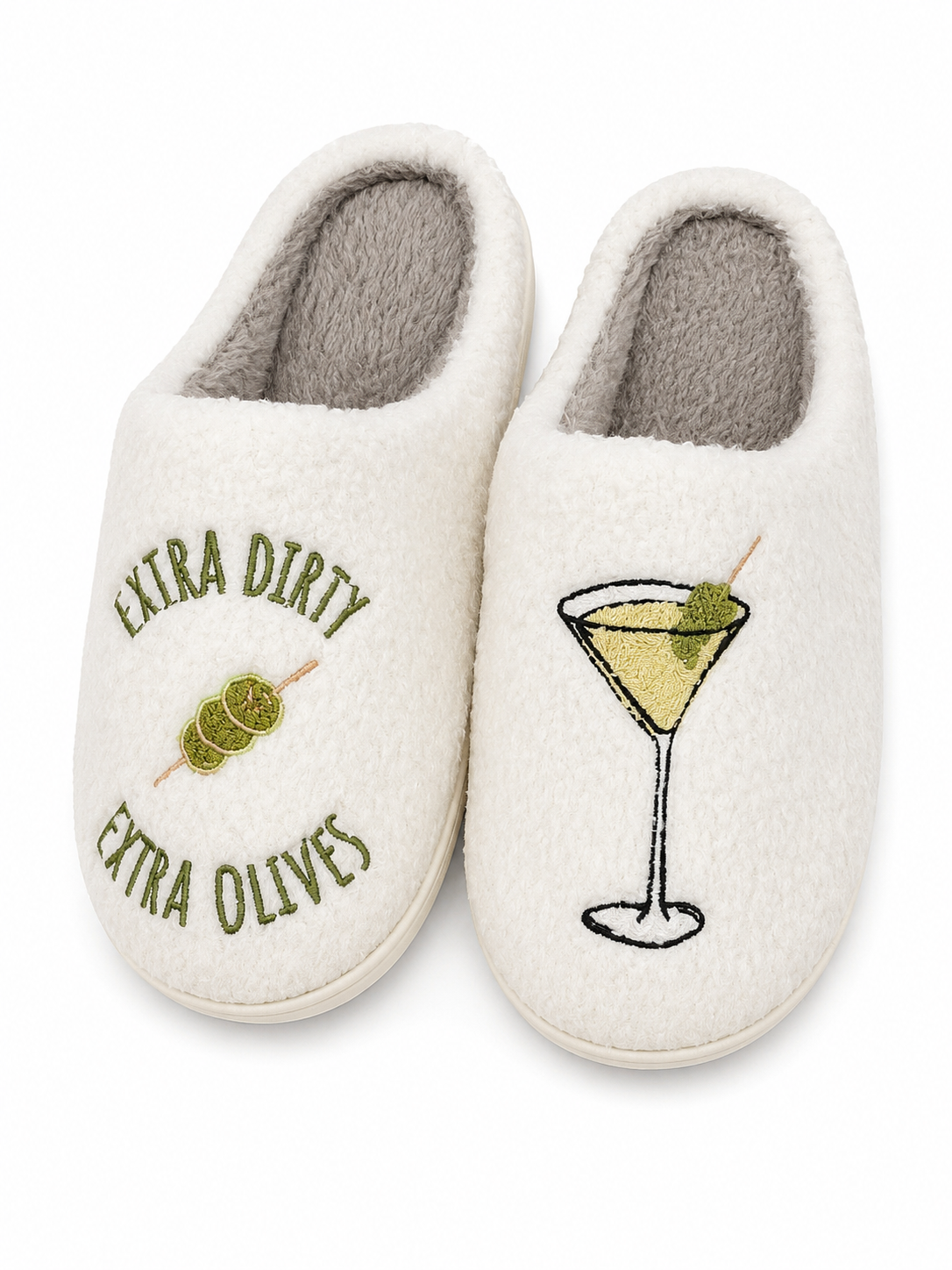 Pantuflas Blancas Acolchadas con Interior Suave y Diseño Bordado de Cóctel con Aceitunas, Talla 41.5.