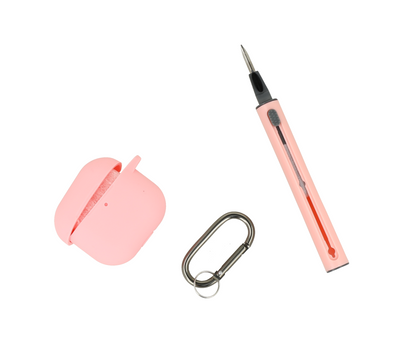 Kit para auriculares que incluye una funda protectora, un mosquetón y un bolígrafo de limpieza.