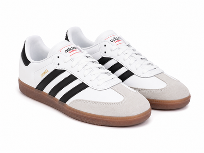 Zapatos deportivos casuales de piel sintética blanca con detalles negros y suela de goma, talla 9.