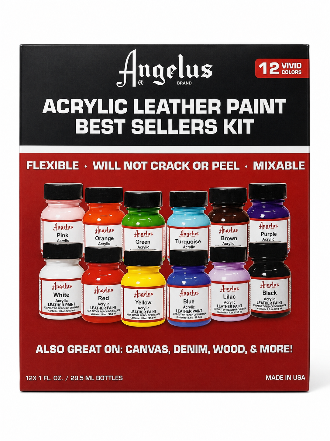 Kit de 12 pinturas acrílicas multicolor para cuero de 29,5 ml cada una.