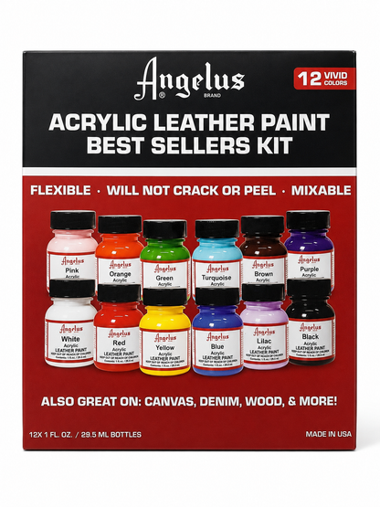 Kit de 12 pinturas acrílicas multicolor para cuero de 29,5 ml cada una.