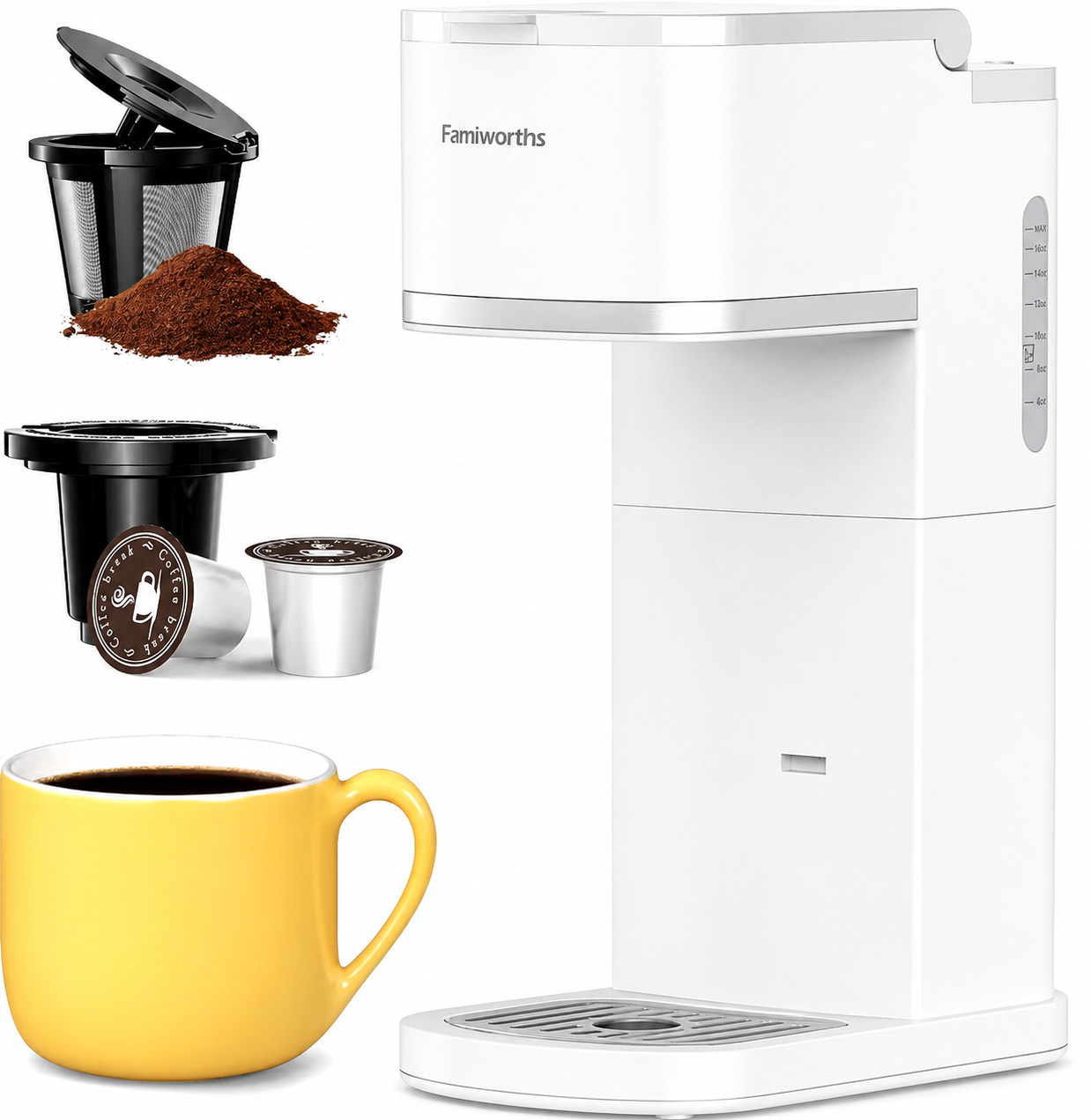 Cafetera individual multifunción compatible con café molido y cápsulas reutilizables.