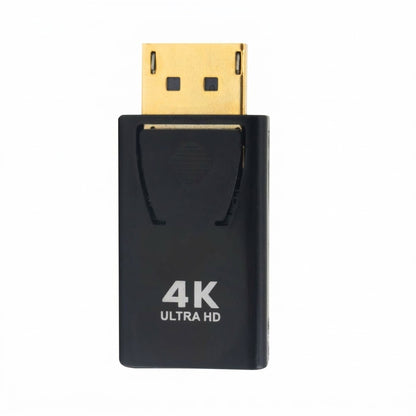 Adaptador de DisplayPort macho a HDMI hembra diseñado para transmitir video y audio de alta definición.