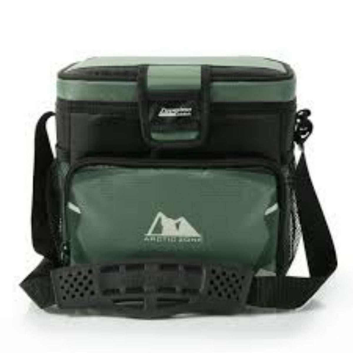 Bolso térmico portátil verde con correa ajustable y compartimentos.