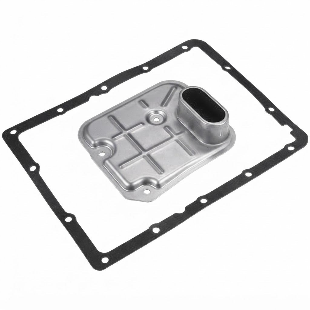 Kit que incluye un filtro de transmisión automática metálico y su junta de goma correspondiente.