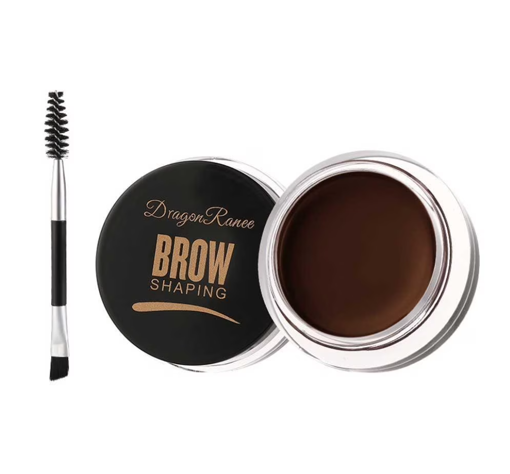 Kit de pomada para cejas en color marrón oscuro, que incluye un pequeño cepillo aplicador de doble extremo.