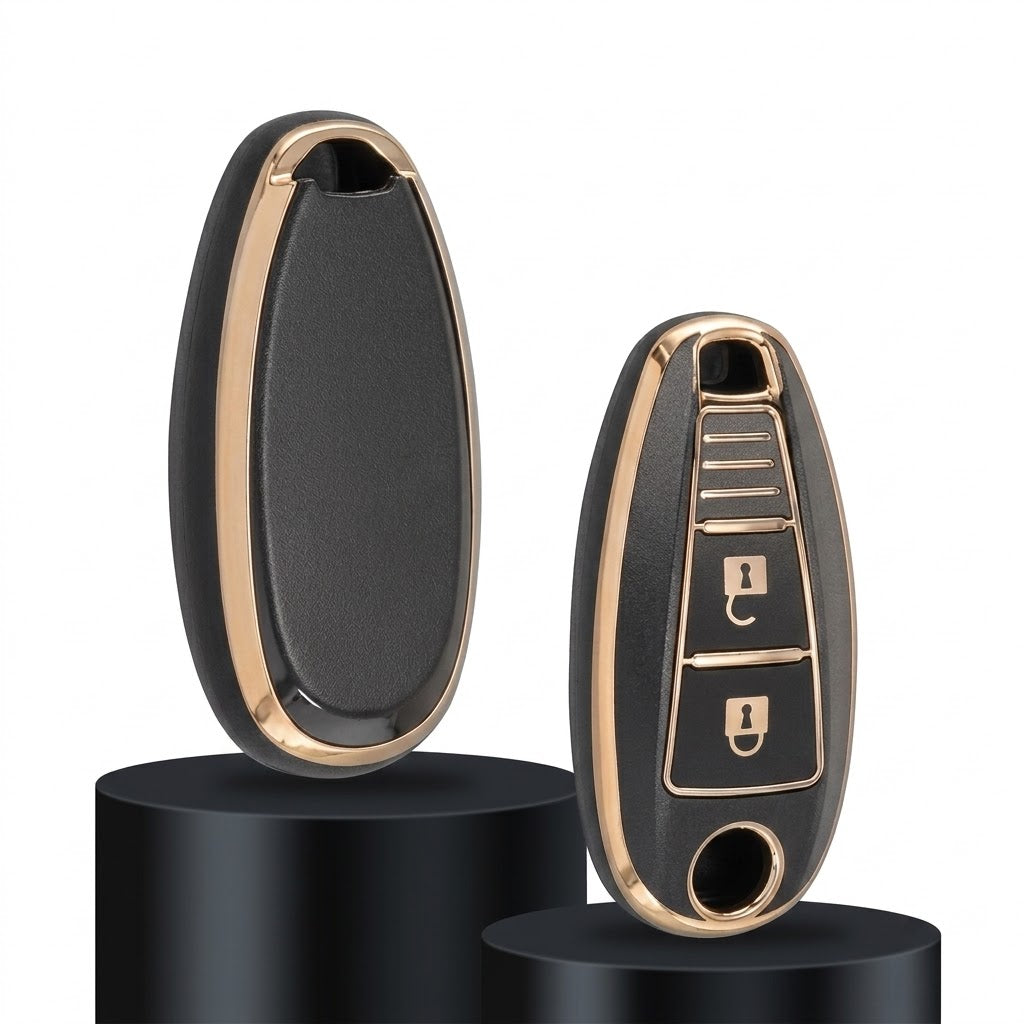 Funda de TPU negro y dorado está diseñada específicamente para proteger llaves inteligentes de 3 botones de vehículos Suzuki, como los modelos Swift, Vitara, Ignis y Baleno.